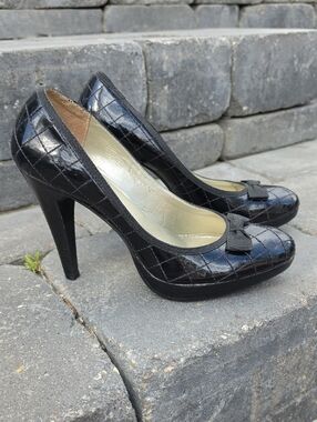 Nine West Black Quilted Patent High Heels with Bow